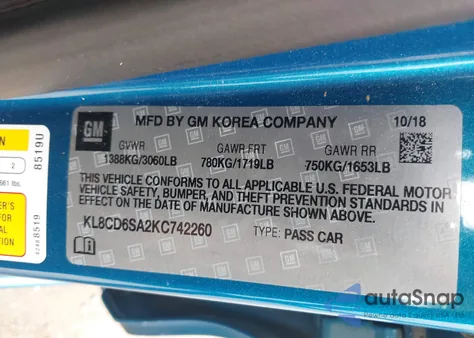 2019 Chevrolet Spark 1Lt Cvt из США, поврежденный, VIN KL8CD6SA2KC742260